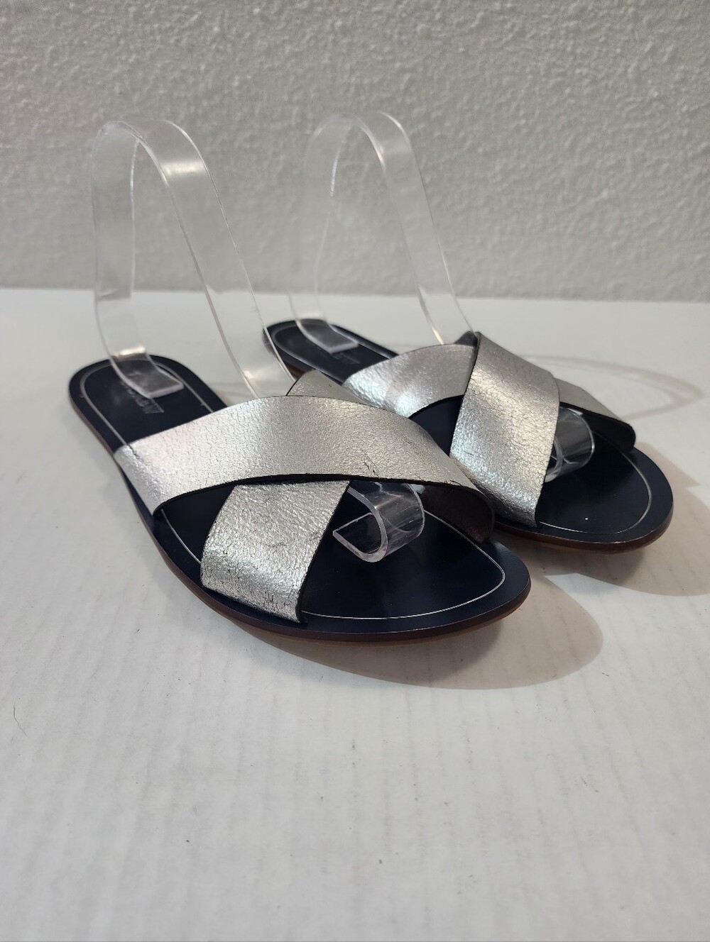 J.Crew Silver Metallic Leather Slide Sandals Resort Vacation Flat Women Size 10